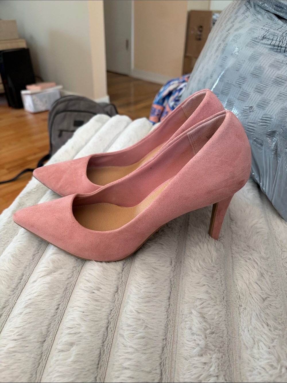 Classic Pink Suede Pointed-Toe Pumps